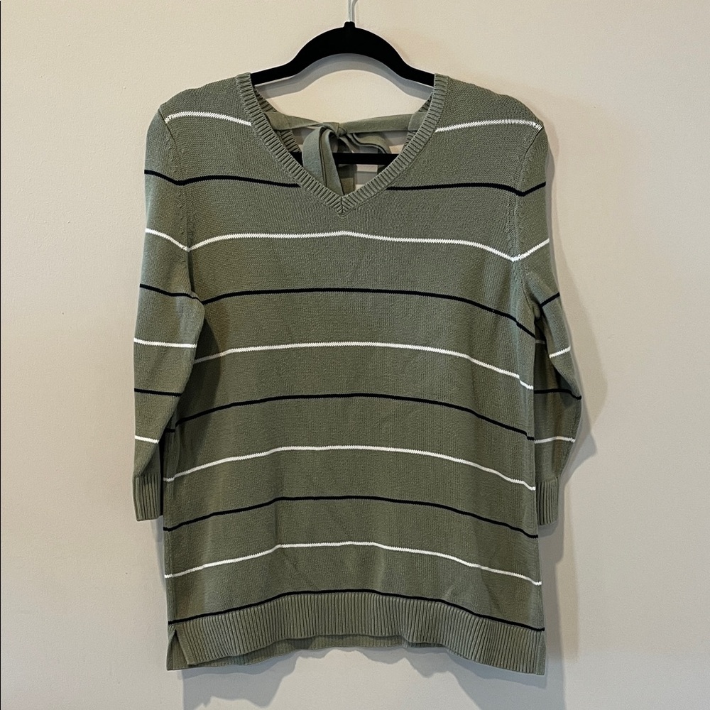 Talbots Green Sweater with Black Stripe & Bow Details